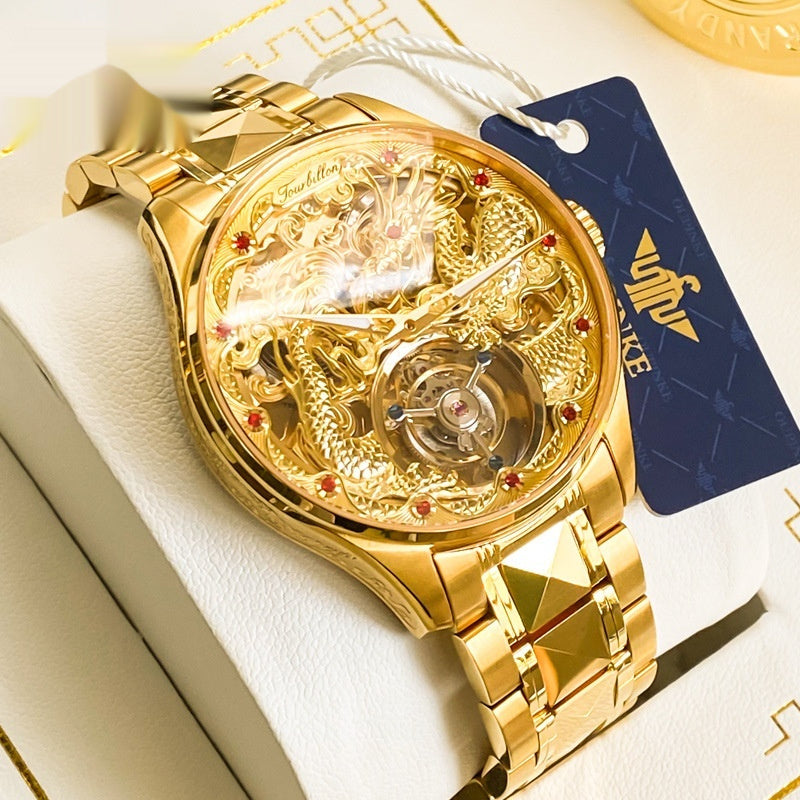 Mens Water-Resistant Mechanical Watch With Hollowed-Out Design And Steel Strap