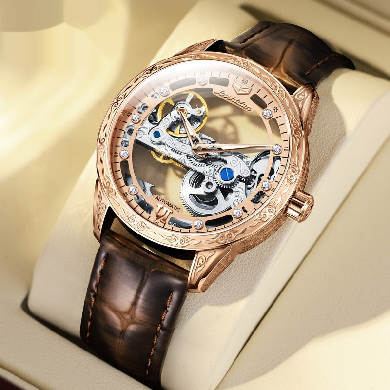 Openwork Mechanical Watch With Waterproof Leather Strap For Men