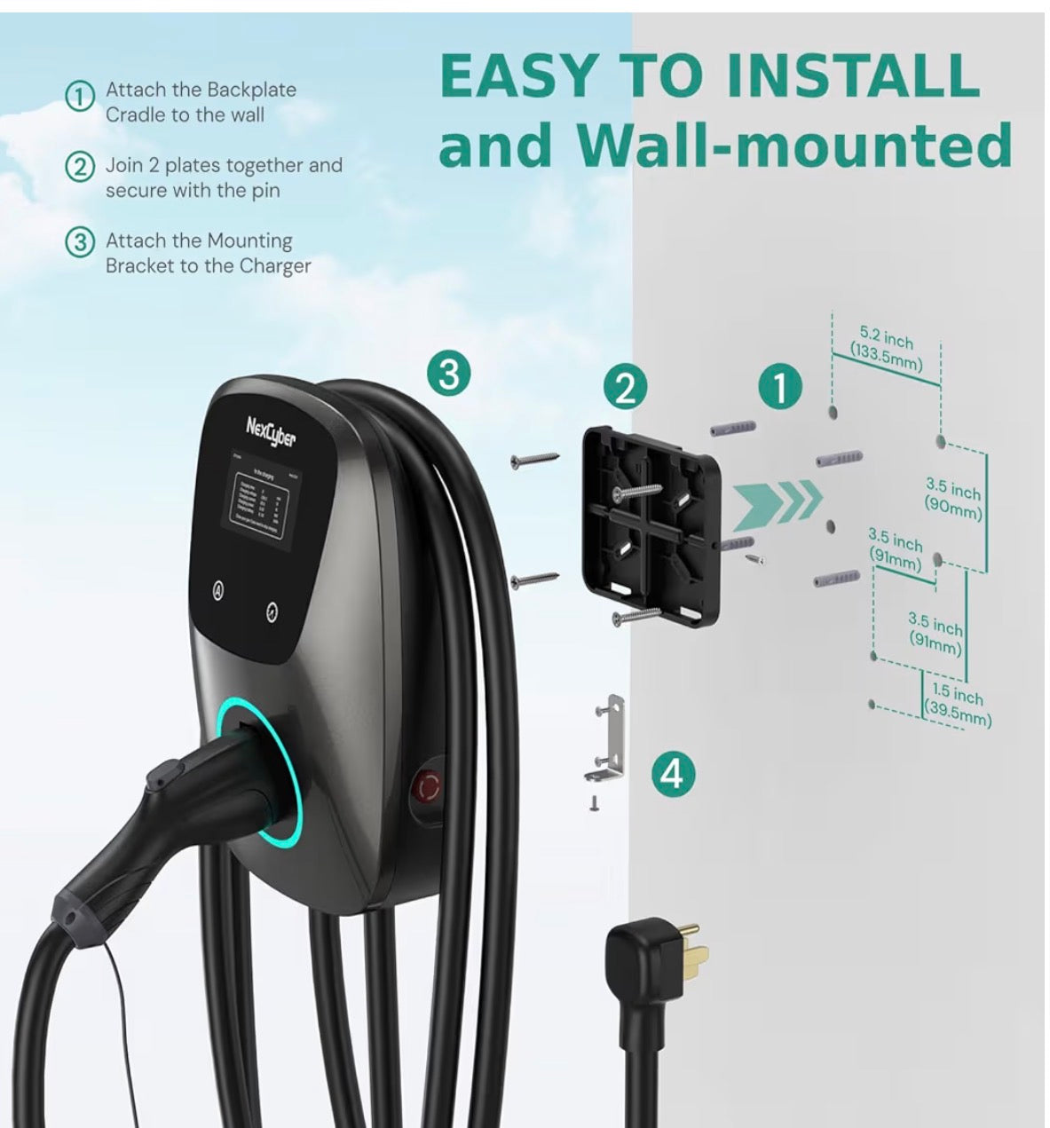 NexCyber Level 2 Smart EV Charger, 48 Amp, 25Ft Cable, NEMA 14-50 Wallbox