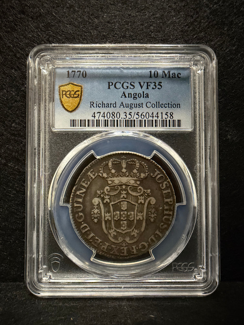 1770 Angola 10 Macutas Silver PCGS VF35 Richard August Coll. Colonial Portuguese