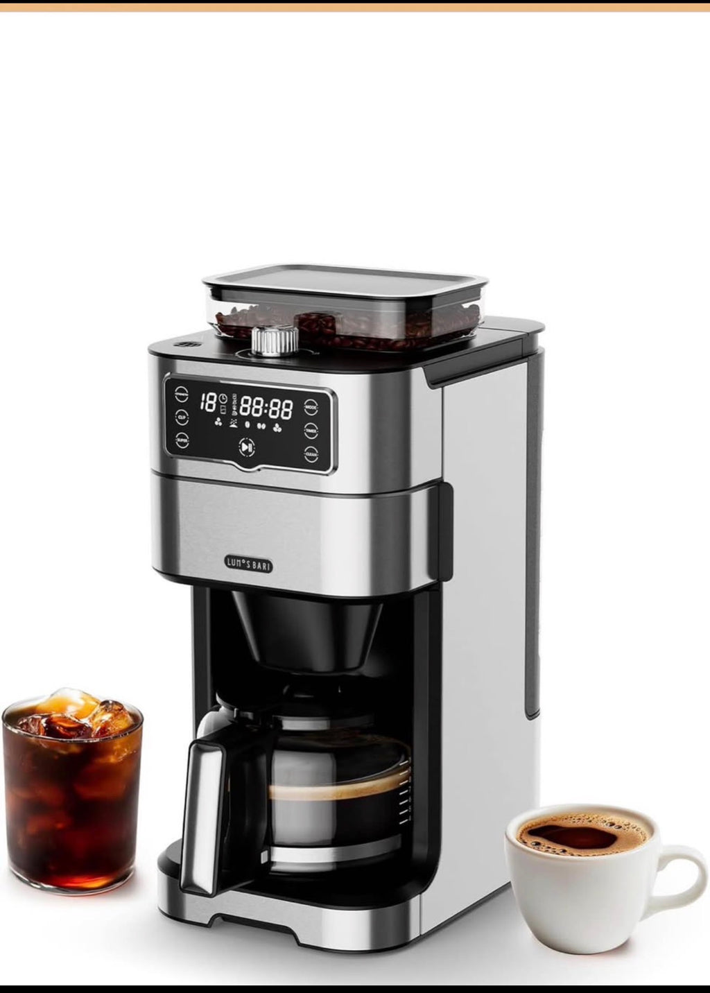 Shardor 10 Cup Drip Coffee Maker with Built in Grinder and Program Touch Screen