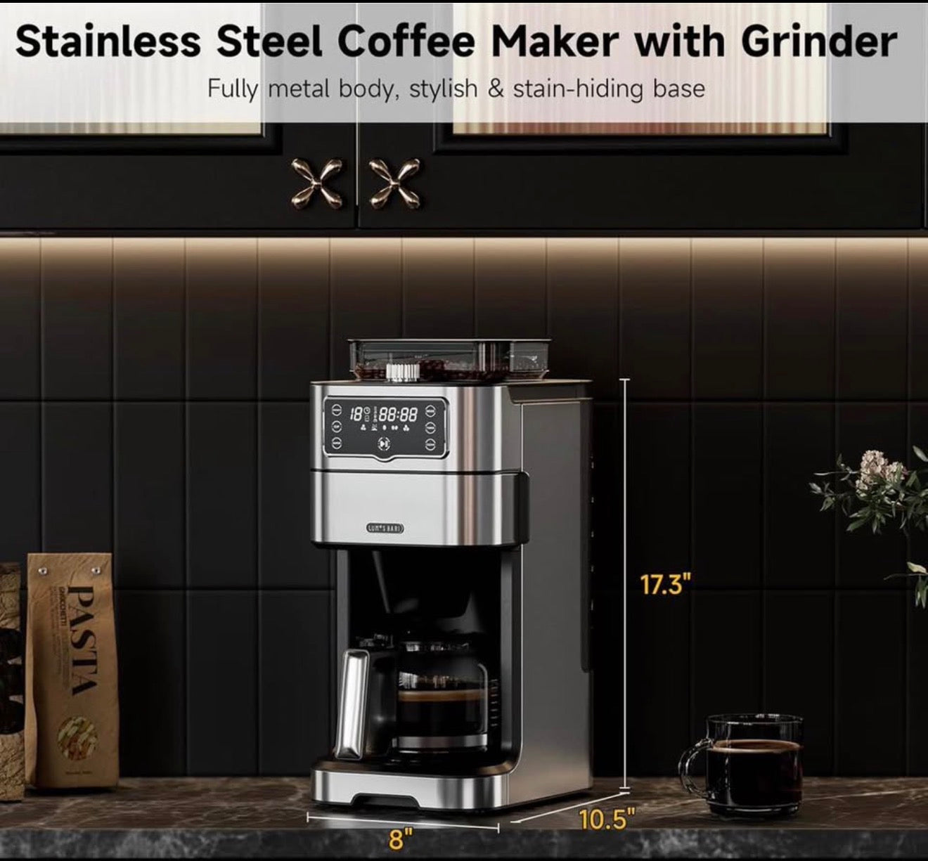 Shardor 10 Cup Drip Coffee Maker with Built in Grinder and Program Touch Screen